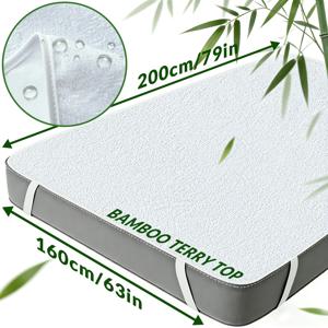TEMU 1개 대나무 섬유 테리 방수 매트리스 패드 커버, 4개의 탄성 코너 스트랩 포함, 최대 30cm 깊이의 매트리스에 적합, 흡습성, 통기성, 부드럽고 편안함, TPU 안감 보호, 침실/호텔용 세탁 가능, 묶는 스타일 침대 토퍼