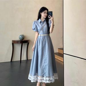 TEMU 여성 셔츠원피스 밑단 레이스 카라넥 퍼프소매 반팔 롱원피스 A라인 체형커버 날씬해보이는 페미닌 프렌치룩 하객룩 데이트룩 출근룩 소라색