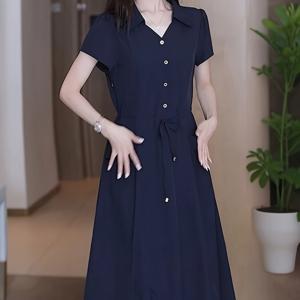 TEMU 여성 반팔 셔츠원피스 카라 롱원피스 허리스트링 A라인 체형커버 날씬해보이는 미시룩 오피스룩 출근룩 등원룩 여름 심플 데일리 네이비