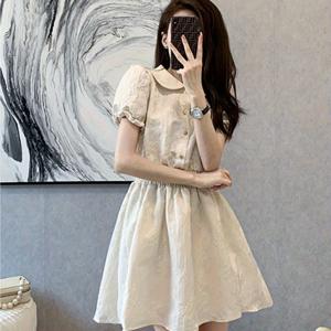TEMU 여성 자카드 둥근카라 퍼프소매 원피스 미니원피스 허리밴딩 반소매 체형커버 날씬해보이는 데이트룩 하객룩 러블리 페미닌 로맨틱 출근룩 꾸안꾸