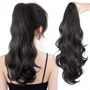 TEMU KISMIS 16inch 내추럴 하이 포니테일 클립인 웨이비 헤어 익스텐션 / 싱글 피스, 볼륨 업 헤어 추가, 키가 큰 피규어, 데이트와 파티 의상에 완벽. 데이트와 파티 룩에 필수