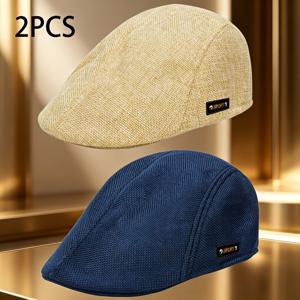 TEMU 남성용 패셔너블 고급 베레모 2pcs 세트, 중년 및 노인을 위한 레트로 오리 부리 모자, 간편하고 얇은 여름용 앞쪽 모자