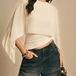TEMU 여성용 기질 쉬폰 케이프 슬리브 탑 라운드넥 블라우스 슬림 페이크 투피스 여름 얇은 불규칙 티셔츠