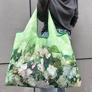 TEMU 대용량 유화 백장미 휴대용 쇼핑백, 경량 접이식 쇼핑백, 숄더 토트백 대형 토트백