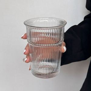 TEMU 1개/2개 15.5oz/440ml 넓은 입구의 골지 유리 텀블러, 아메리카노 라떼용 투명 아이스 커피 컵, 주스 맥주 루스터테일 차용 대형 빈티지 스타일 리플 음료용 유리잔, 미적 감각의 가정 사무실 카페 바 장식, 그녀와 엄마를 위한 파티 답례품 선물