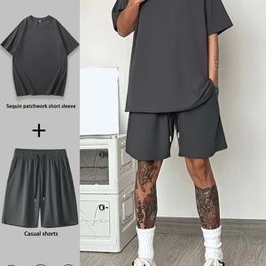 TEMU 남성 여름 패션 캐주얼 의상 - 스팽글 장식이 있는 반팔 상의와 편안한 반바지 세트, , 야외 활동 및 휴가에 적합