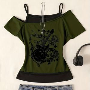 TEMU TX051920 디렉셔널 스타일 여성용 오프숄더 듀얼 톤 그레이 블랙 티셔츠, 볼드 레터 프린트, 미디엄 스트레치 반팔 탑