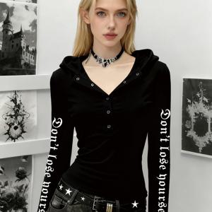TEMU 봄 신상 고딕 스타일 벨벳 원단 클래식 디자인 상의, 부드러운 질감의 후드티, 긴소매 후드 티셔츠