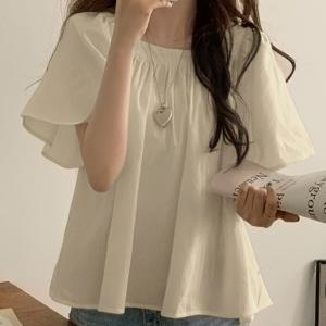 TEMU 여성 스퀘어넥 블라우스 반팔 셔츠 셔링 프릴소매 루즈핏 체형커버 팔뚝커버 시원한 여름 오피스룩 출근룩 데일리 꾸안꾸 페미닌 상의 소라색
