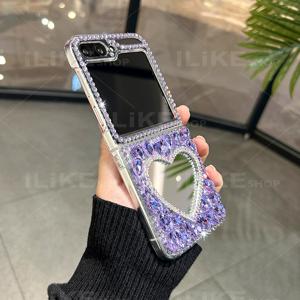 TEMU 휴대폰 케이스 - 삼성 갤럭시 Z Flip6/Z Flip 7/Z Flip5/Z Flip7 FE 휴대폰 케이스 퍼플 워터 , 사랑의 거울 패션 럭셔리 여성용 접이식 휴대폰 보호 케이스, 새로운 스타일