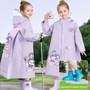 TEMU 여아용 도톰한 비옷, 폭우 방지, 투명한 넓은 챙, 백팩 수납, 야외 및 학교용 이중 활용, 일회용 신발 커버 한 켤레 포함