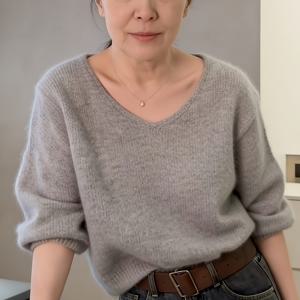 TEMU 여성용 얇은 풀오버 스웨터 회색 라운드넥 긴소매 고탄력 V넥 겉옷 봄/여름 얇은 겉옷