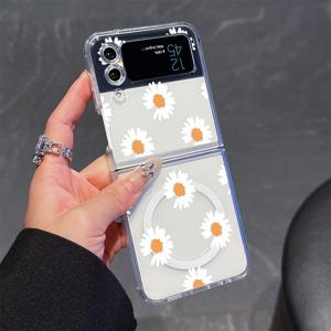 TEMU 폰 케이스: 심플 데이지 투명 자석 접이식 폰 케이스, Z Flip3 Flip4 Flip5 Flip6 호환