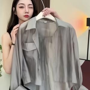 TEMU 여성 프렌치 그레이 반팔 자외선 차단 셔츠, 여름 캐주얼 출퇴근용 핏 쉬운 얇은 쉬폰 루즈핏 아우터 셔츠