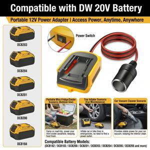 TEMU DW18V-20V DCB 시리즈 배터리 DCB200/DCB201/DCB203/DCB204/DCB206 호환, 보조 전원 콘센트/파워 포인트 라이터 변환기, 18V 배터리에서 차량용 전원 어댑터로, 타이어 공기 주입기, 차량용 냉장고, 수리 공구, 야외 캠핑 DIY 비상 전원 공급기용
