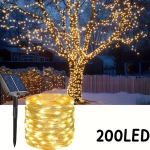 TEMU 리튬 배터리 구리선 태양광 LED 페어리 스트링 조명, 50/100/200 LED 야외 정원 장식 조명, 크리스마스 트리, 잔디, 집 장식용 - 태양광 IP54 조광 센서 제어