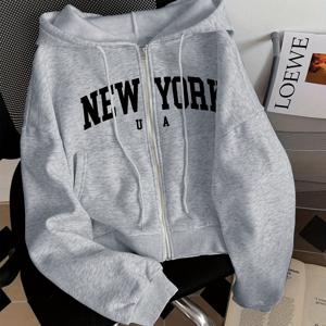 TEMU 뉴욕 레터 프린트 포켓 지퍼업 후드티, 드로스트링 캐주얼 지퍼업 후드 스웨트셔츠 (겨울, 가을용), 데일리 출퇴근, 여성 의류, 졸업, 개학, 스승의 날