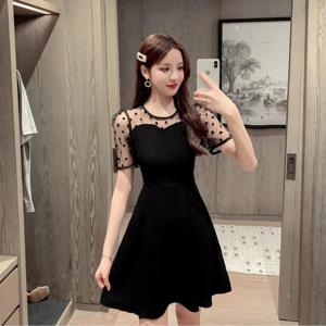 TEMU 여성 도트 시스루 블랙 원피스 하트넥 퍼프소매 A라인 날씬해보이는 하객룩 데이트룩 레이어드 땡땡이 격식있는 페미닌 숏원피스
