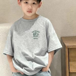 TEMU 남아용 오버사이즈 반팔 티셔츠, 중고학년용 - 루즈핏 라운드넥 여름 셔츠, 은은한 아플리케 패치, 기계 세탁 가능한 스트레치 원단, 캐주얼 의류용 편안한 상의 (그레이)
