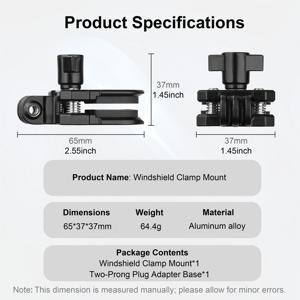 TEMU 윈드실드 클립온 카메라 마운트 1개 - 알루미늄 합금 블랙, 퀵 릴리즈 + 1/4인치 어댑터, GoPro Hero 13-7, DJI Osmo Action 6/5/4/3/2/Nano/360, Insta360 X5/X4/X3/X2/A Pro 2 호환, Insta360 X5 장착 액세서리 포함, 액션 카메라용