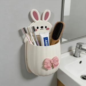 TEMU 1개 귀여운 토끼 모양 정리함, 리본 장식, 공간 절약형 벽걸이 칫솔 및 치약 홀더, 욕실 액세서리