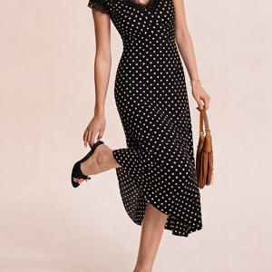 TEMU 여성용 블랙 폴카 도트 브이넥 미디 원단 반소매 레ース 트림 드레스 - 캐주얼, 브런치, 데일리웨어에 적합한 우아한 바디콘 드레스, 주말 행사용 기계 세탁 가능한 숏 기장 드레스, 신축성 없는 라운드 도트 블라우스 드레스
