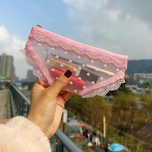 TEMU 새로운 블랙 레이스 삼각팬티, 섹시한 라인 메쉬 휴대용 여성용 메이크업 가방, 소형 립스틱 정리 파우치