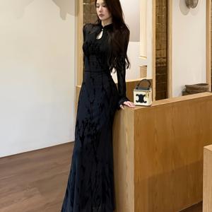 TEMU 새로운 중국 스타일 개조 블랙 메쉬 정사임 여성 2026 봄/여름 신상 섹시 슬림핏 바디콘 롱 드레스