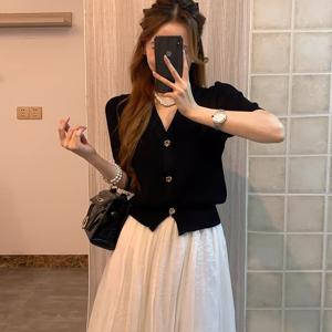 TEMU 여름 프랑스 블랙 엘레강스 스타일 반팔 가디건 여성 탑 슬림핏 허리 티셔츠 V넥