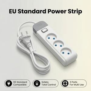 TEMU 유럽 표준 멀티탭, 유로/독일식 소켓 3개, 원터치 메인 스위치, 110-230V 10A 50-60Hz 2300W, 2미터 연장선 포함, 가정 및 사무실용
