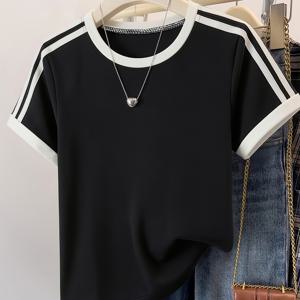 TEMU 봄/여름 신상 클래식 블랙 앤 화이트 컬러 블록 티셔츠, 기본형 다용도 스타일, 캐주얼 트렌디 여성 의류, 통기성, 세탁기 사용 가능, 신축성