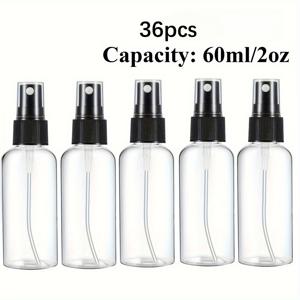 TEMU 36개 투명 플라스틱 스프레이 병 세트, 각 2Oz/60ml, 검은색 캡 포함. 미세 분사에 적합하며, 재사용 가능한 여행용 용기이며, 에센셜 오일, 향수 및 화장품에 적합합니다. 냄새가 없고, 공간을 차지하지 않습니다.