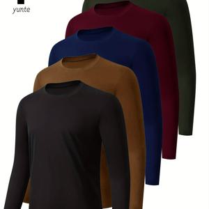 TEMU 남성용 긴팔 크루넥 셔츠 5벌 세트 - 블랙, 카키, 네이비, 마룬, 아미그린 - 빠른 건조 운동복, 피트니스, 야외 스포츠, 슬리밍 워크아웃용