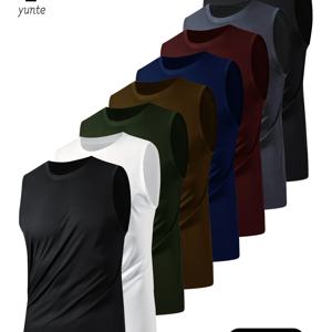 TEMU 8개 혼합 컬러 세트 (블랙, 화이트, 아미 그린, 카키, 네이비 블루, 다크 레드, 그레이) - 남성용 스포티 통기성 가벼운 민소매 조끼, 루즈핏, 빠른 건조 라운드넥 민소매 탑, 헬스 트레이닝 및 운동용 민소매 셔츠