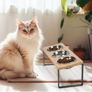 TEMU 고양이 밥그릇 애완 동물 밥그릇 고양이 목 보호 미끄럼 방지 밥그릇 나무 스테인리스 스틸 3구 경사 철제 높이 조절 바닥 스탠딩 고양이 밥그릇 고양이 먹이 랙 나무 고양이 밥 물그릇 랙