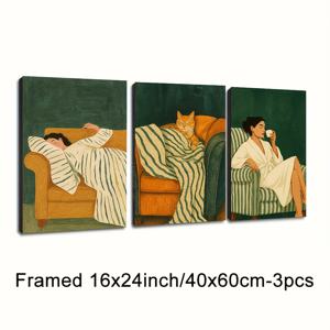 TEMU 3개 세트, 여성용 레저 타임 목재 프레임 캔버스 벽 예술 - 거실, 침실 및 서재를 위한 모던 스타일 벽 장식 | 테마 | 나무 액자 캔버스 아트