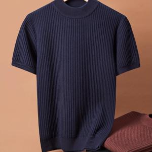 TEMU 테한남성용 세미 하이넥 반팔 니트 스웨터, 봄, 가을, 겨울용 두꺼운 보온 반팔 니트 스웨터, 단독 착용 또는 베이스 레이어로 활용 가능, 피부에 친화적인 고품질 소재, 3D 엠보싱 자카드 히든 패턴의 정교한 제작, 복부를 가려주는 슬림핏 수직 디자인, 패셔너블하고 멋진 고급 스타일