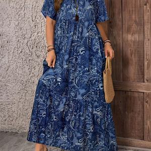 TEMU 플러스 사이즈 - 플러스 사이즈 - 플러스 사이즈 여성 드레스, 컨트리 캐주얼 이지 플로럴 프린트 반팔 루즈핏 롱 드레스, 엄마를 위한 선물, 여름 휴가, 여성 휴가복, 이지 패션, , 휴가 분위기, 봄 휴가