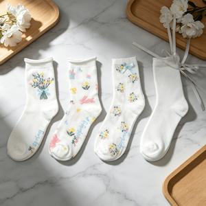 여성용 봄 여름 얇은 보우니 미디엄 튜브 양말 4켤레 - 프린트 보우 디테일 파인 메쉬 통기성 타이츠, 캐주얼 스포츠 애슬레틱 캐주얼 복장에 적합, 봄꽃 보우니 호스