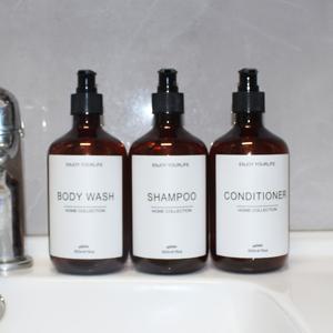 TEMU 샴푸 앤 컨디셔너 디스펜서 세트, 3개 500Ml/16Oz 비누 액체 디스펜서, 인쇄 라벨 포함, 재사용 가능한 샴푸 컨디셔너 바디워시 디스펜서 병, 욕실 리필 병, 샴푸 바디워시 컨디셔너 프레스형 로션 디스펜서