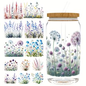 TEMU 12pcs/세트 16 OZ UV DTF 컵 랩, 봄 야생화 시리즈 디자인 UV DTF 스티커, 고품질, 3D 디자인, 쓰기 가능한 전사 스티커, 16 OZ 리비 유리병 포장, 물병, 컵에 적합 (UV 포장 단독, 16OZ 판매 안 함)