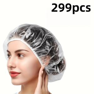 TEMU 299개 일회용 투명 플라스틱 샤워 캡, 플러스 사이즈 두꺼운 스타일, 가정, 여행, 야외, 호텔 및 헤어 살롱 염색에 적합