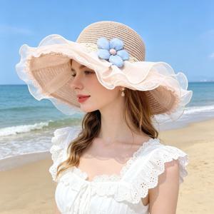 TEMU 여성용 아웃도어 모자, 여름 꽃무늬 장식 대형챙 접이식 휴대용 밀짚 썬햇, 휴가 일상복용 및 휴일 선물용
