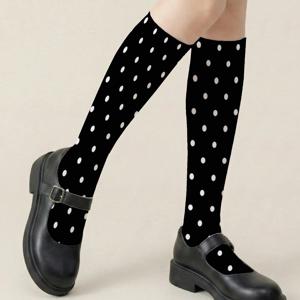 TEMU 여성용 빈티지 폴카 도트 스타킹 1쌍 - 블랙 바탕에 화이트 도트, 파티, 여름 카니발, JK 스타일 & 테마 의상에 적합 - 폴카 도트 애호가를 위한 종아리 기장 스타킹 선물