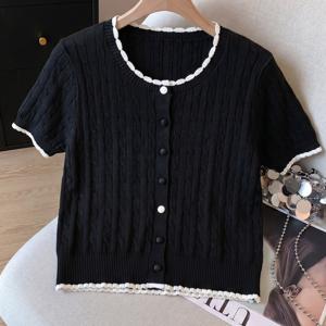 TEMU 여름 신상 리틀 프레쉬 스타일 라운드넥 싱글 로우 버튼 케이블 반팔 가디건