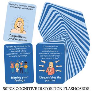 TEMU 50개 인지 왜곡 인지 행동 치료(CBT) 플래시 카드 세트 - 양면 인쇄, 심리 치료 감정 조절 학습 카드, 직관적 거부, 감정적 특성 부여 등 핵심 인지 편향 시나리오 포함