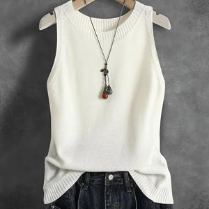 TEMU 여름 여성용 라운드넥 다용도 얇은 스웨터 조끼, 단색 풀오버 민소매 조끼