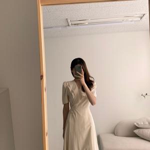 TEMU 2026년 봄 여름 신상 레트로 더블 레이어 칼라 사선 버튼 퍼프 소매 원피스