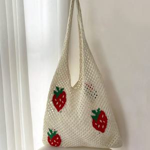 TEMU 여성 딸기 프린트 크로셰 비치 토트백, 대용량 여름 휴가 가방, 오픈 탑 화이트 소재, 광저우 장인 정신, 손세탁/드라이 클리닝, 휴대용 속이 빈 천연 원단 비치 백