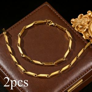 TEMU 골든 대나무 링크 목걸이 & 팔찌 2개 세트, 3mm 18K 골드 도금 럭셔리 니치 기하학적 체인, 남녀공용 색바램 없는 데일리웨어, 파티/휴가용 활용도 높은 레이어드 주얼리, 커플 & 절친을 위한 완벽한 발렌타인데이 선물 & 웨딩 시즌 액세서리